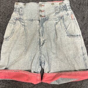 Vintage Striped & Coral Lined Long Button-up Shorts!